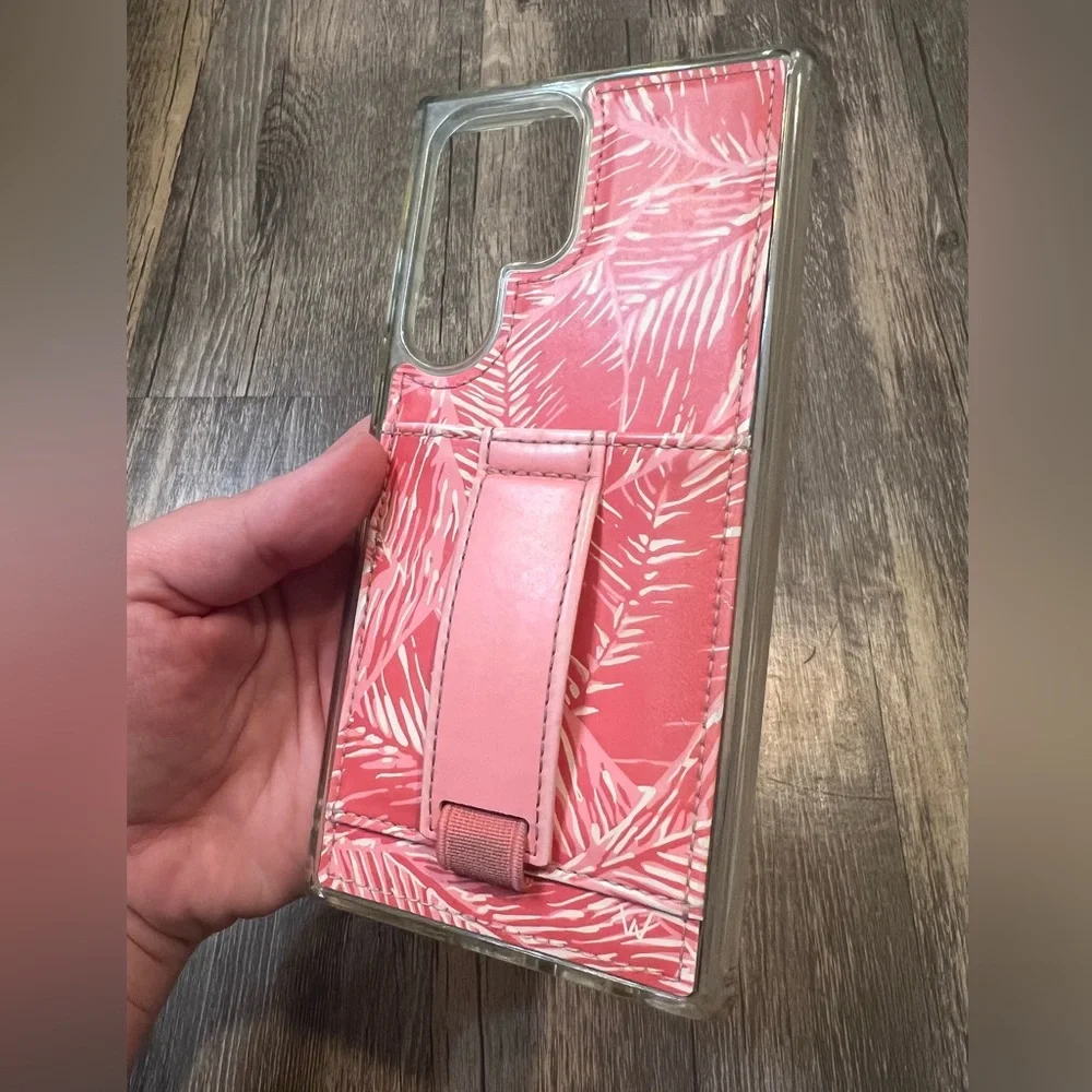 Walli Samsung S23 Ultra Wallet Phone Case in Pink Palms Print Vegan Leather